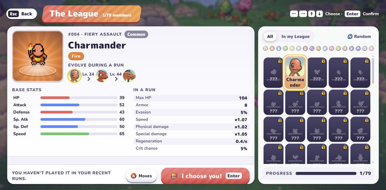 Charmander's actual in-game League profile and evolution path