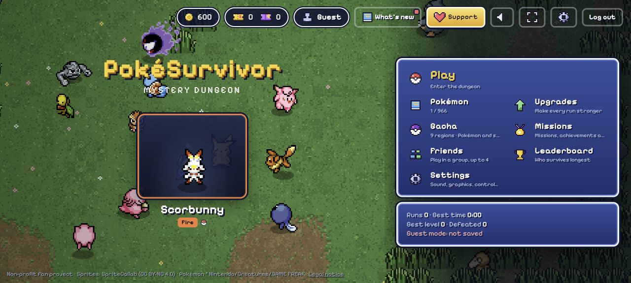 PokéSurvivor main menu with Scorbunny and game modes