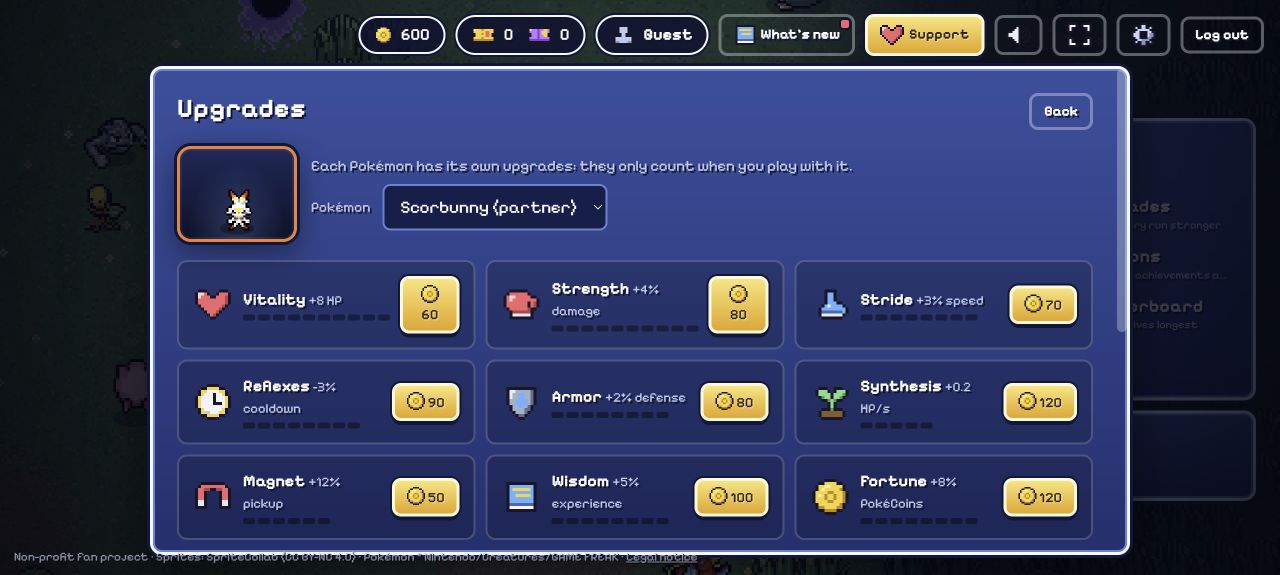 PokéSurvivor partner upgrade menu with health, attack, speed, and other upgrades